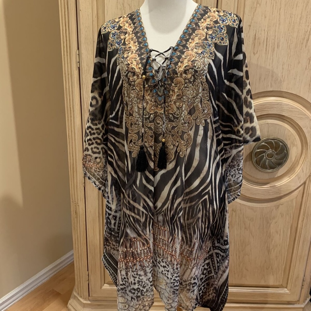 TRUE COLOURS La Moda Clothing Kaftan with Crystals Swim Cover Up Dress OS